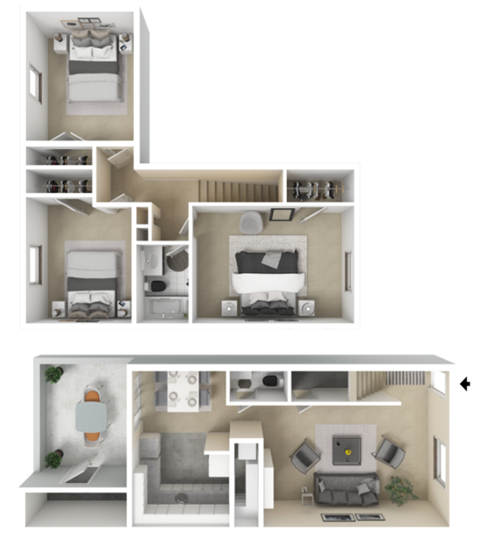 Floor plan for 3 beds, 1.5 baths, 1136 sqft